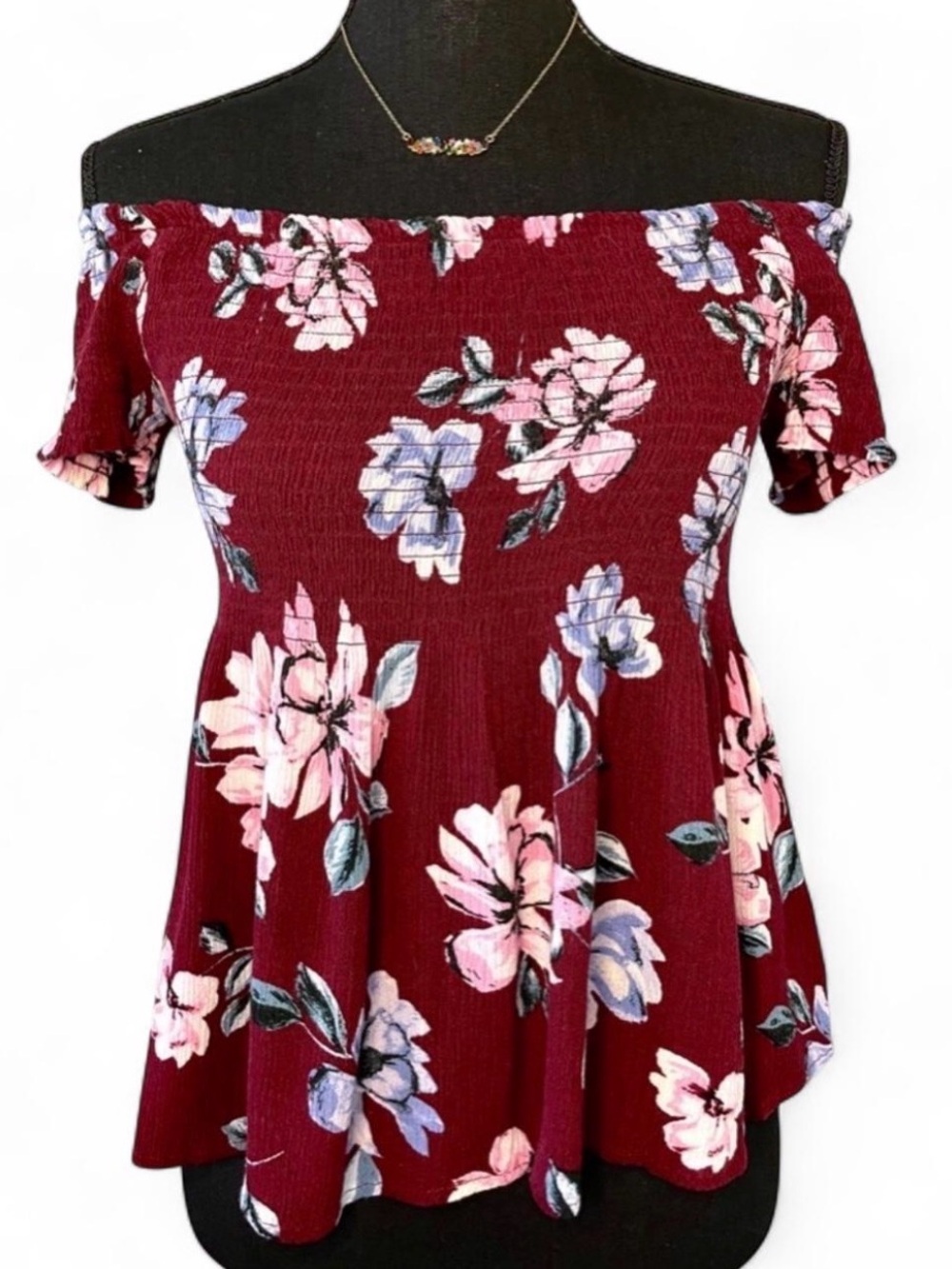 Kendall & Kylie Burgundy Floral Smocked Off the Shoulder Peplum Blouse